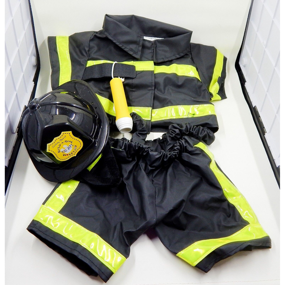 Build a Bear Clothing Black Yellow Fireman Safety Outfit Flashlight Helmet - Picture 1 of 12